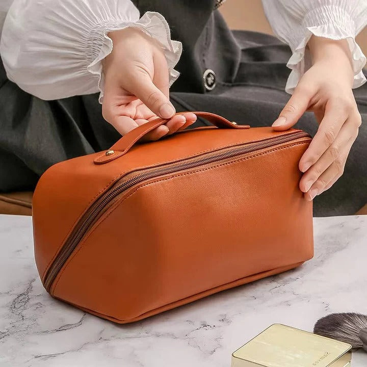 Stylish PU Makeup Organizer Pouch with Wide Opening Design - Perfect for Travel & Daily Use