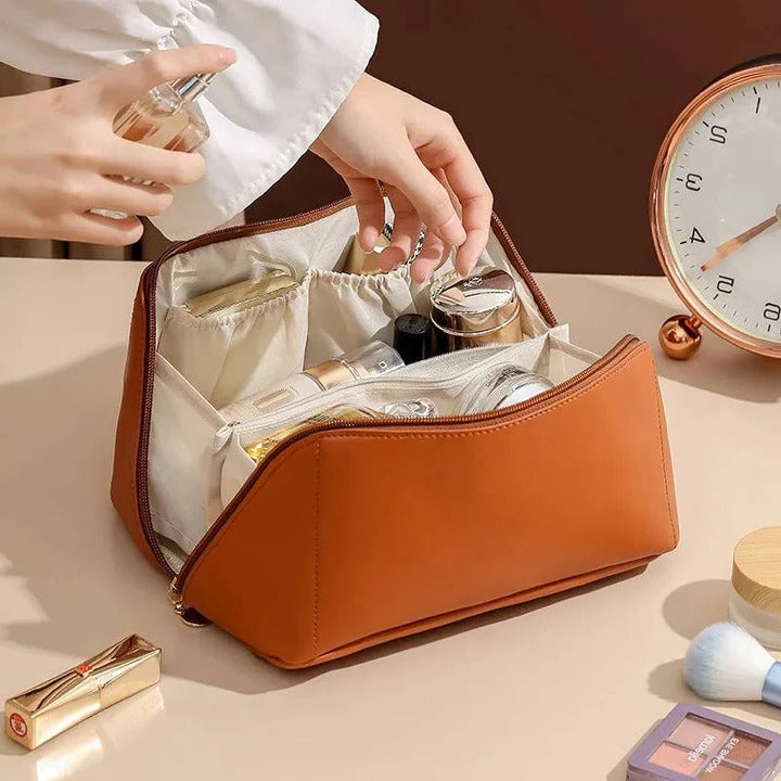 Stylish PU Makeup Organizer Pouch with Wide Opening Design - Perfect for Travel & Daily Use