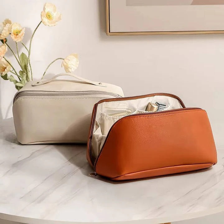Stylish PU Makeup Organizer Pouch with Wide Opening Design - Perfect for Travel & Daily Use