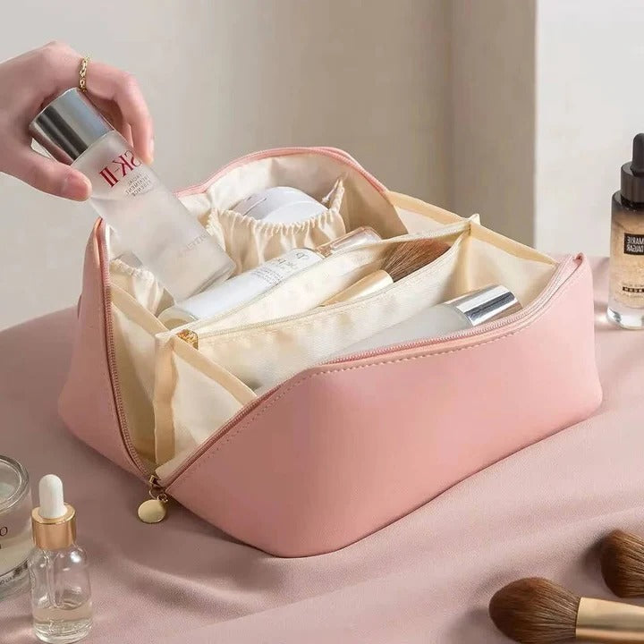 Stylish PU Makeup Organizer Pouch with Wide Opening Design - Perfect for Travel & Daily Use
