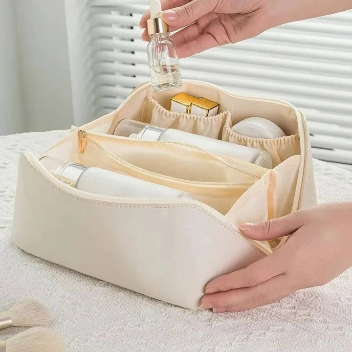 Stylish PU Makeup Organizer Pouch with Wide Opening Design - Perfect for Travel & Daily Use