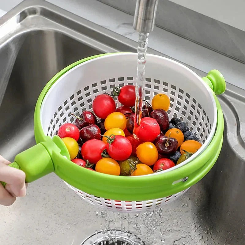 Manual Spin Salad Bowl with Integrated Rinse & Drain System - Effortless Washing & Drying for Fresh Salads