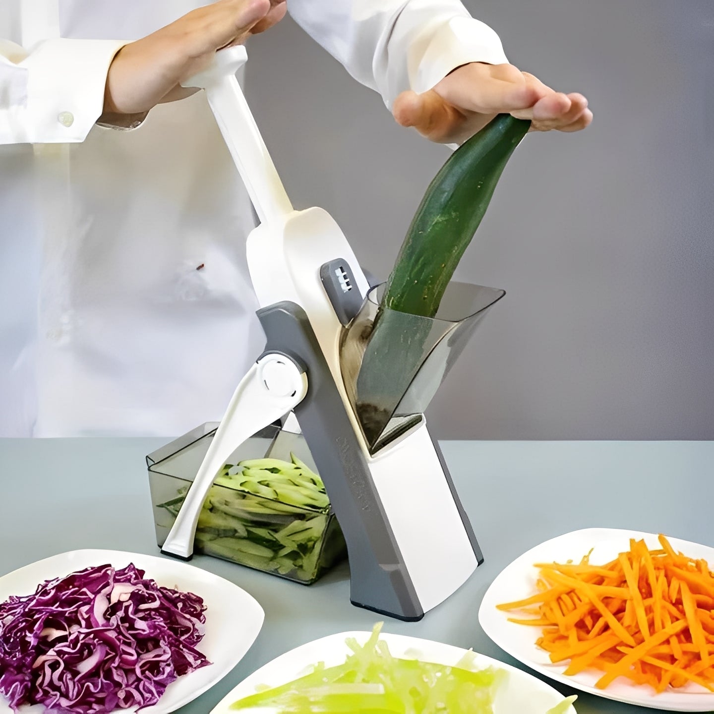 5-in-1 Vegetable Slicer with Interchangeable Blades & Collection Tray - Effortless Food Prep for Home Chefs