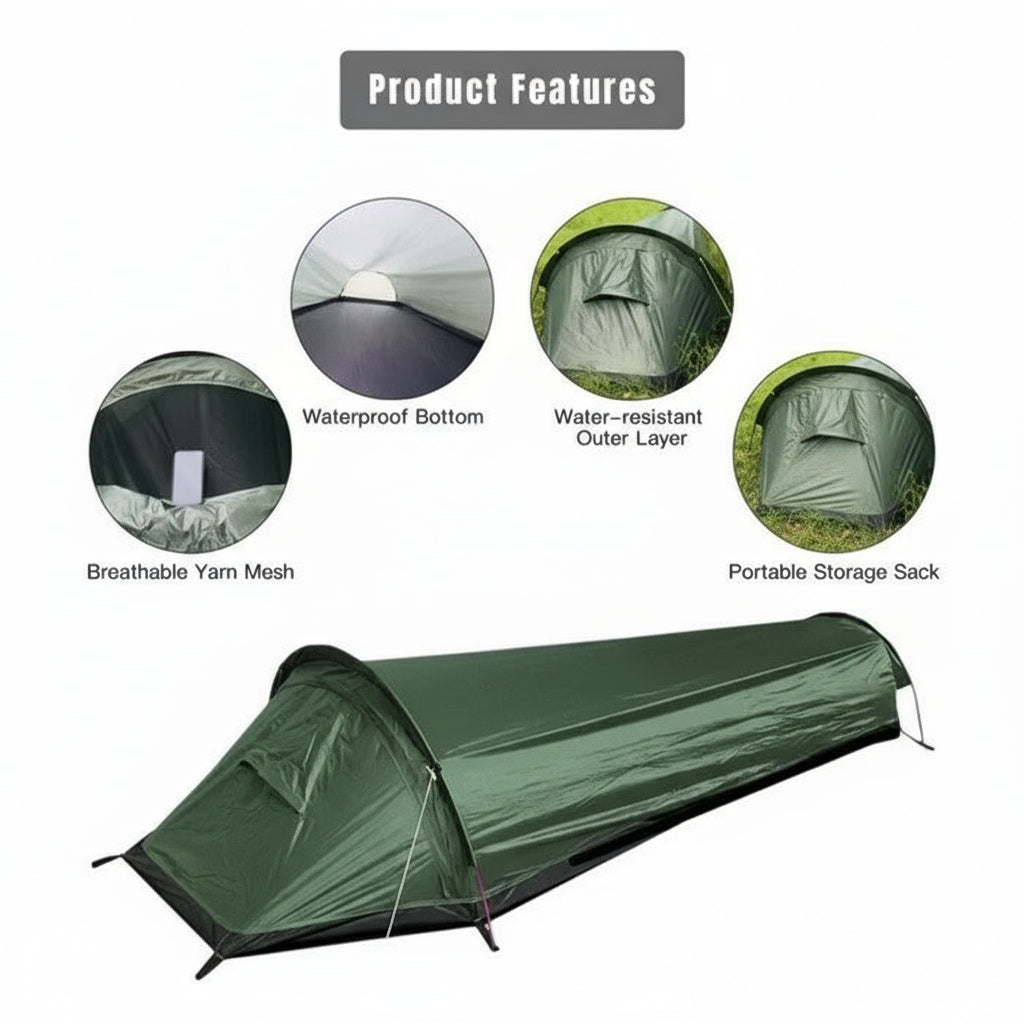Lightweight Portable Single Person Camping Tent with Mesh Ventilation Panels - Ideal for Backpacking and Outdoor Adventures