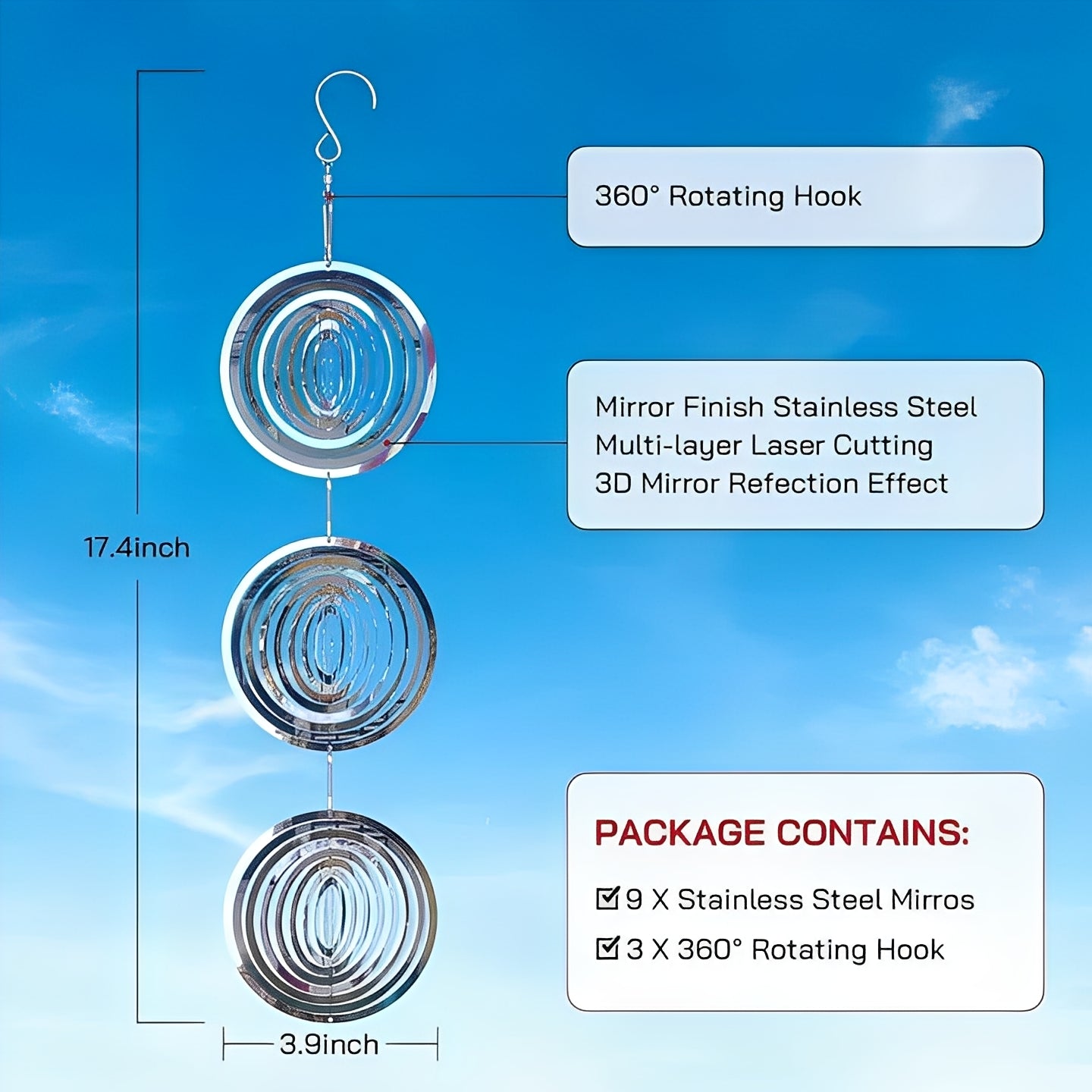 Set of 3 Reflective Visual Bird Deterrent Devices - Effective Hanging Design to Keep Birds Away