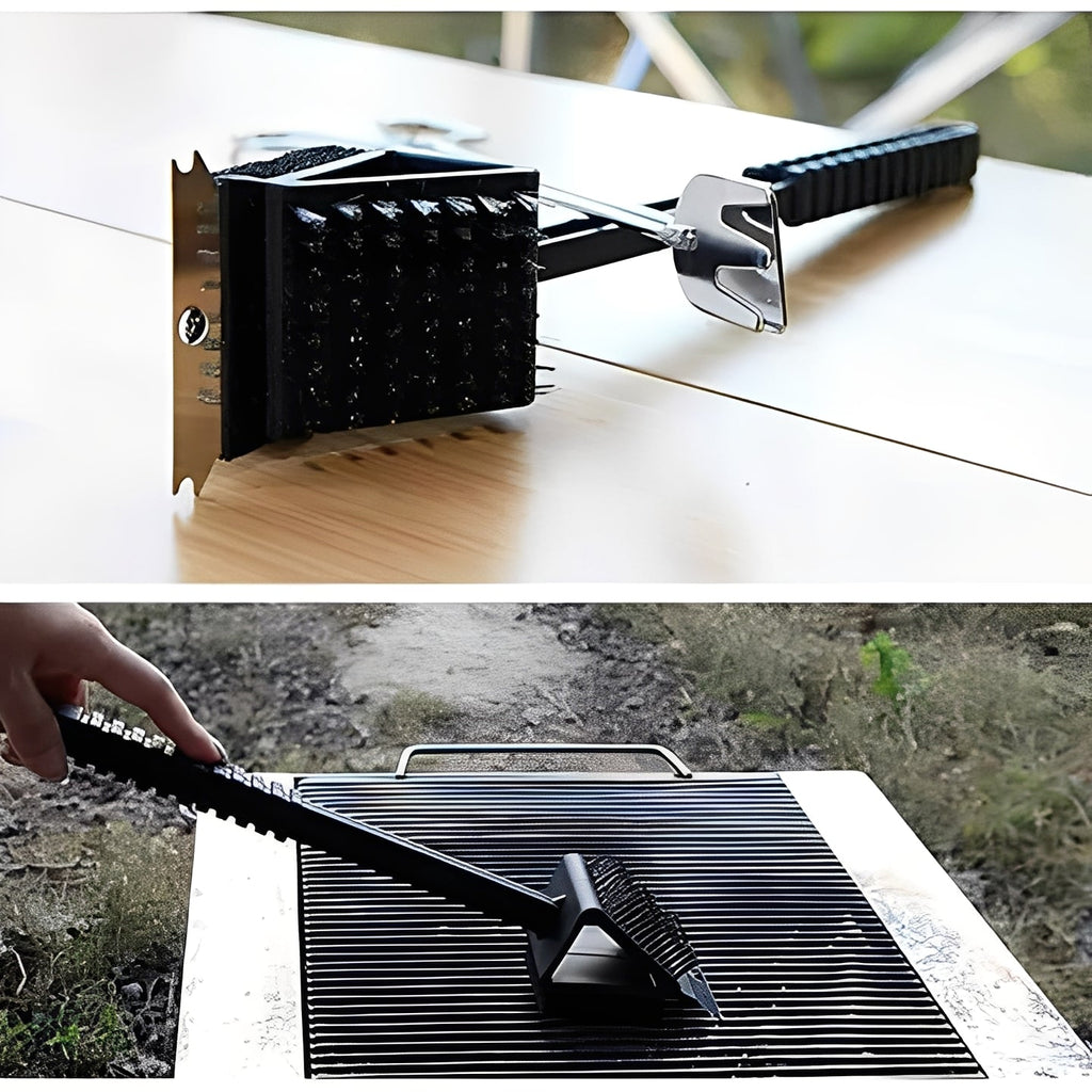 3-in-1 Grill Cleaning Brush with Durable Bristles, Heavy-Duty Scraper, and Soft Sponge - Perfect for BBQ & Grill Maintenance