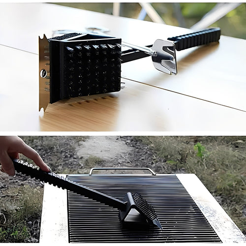 3-in-1 Grill Cleaning Brush with Durable Bristles, Heavy-Duty Scraper, and Soft Sponge - Perfect for BBQ & Grill Maintenance