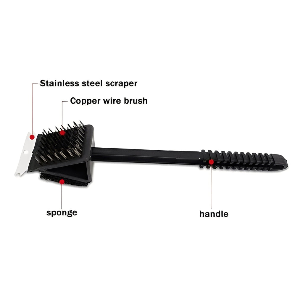 3-in-1 Grill Cleaning Brush with Durable Bristles, Heavy-Duty Scraper, and Soft Sponge - Perfect for BBQ & Grill Maintenance