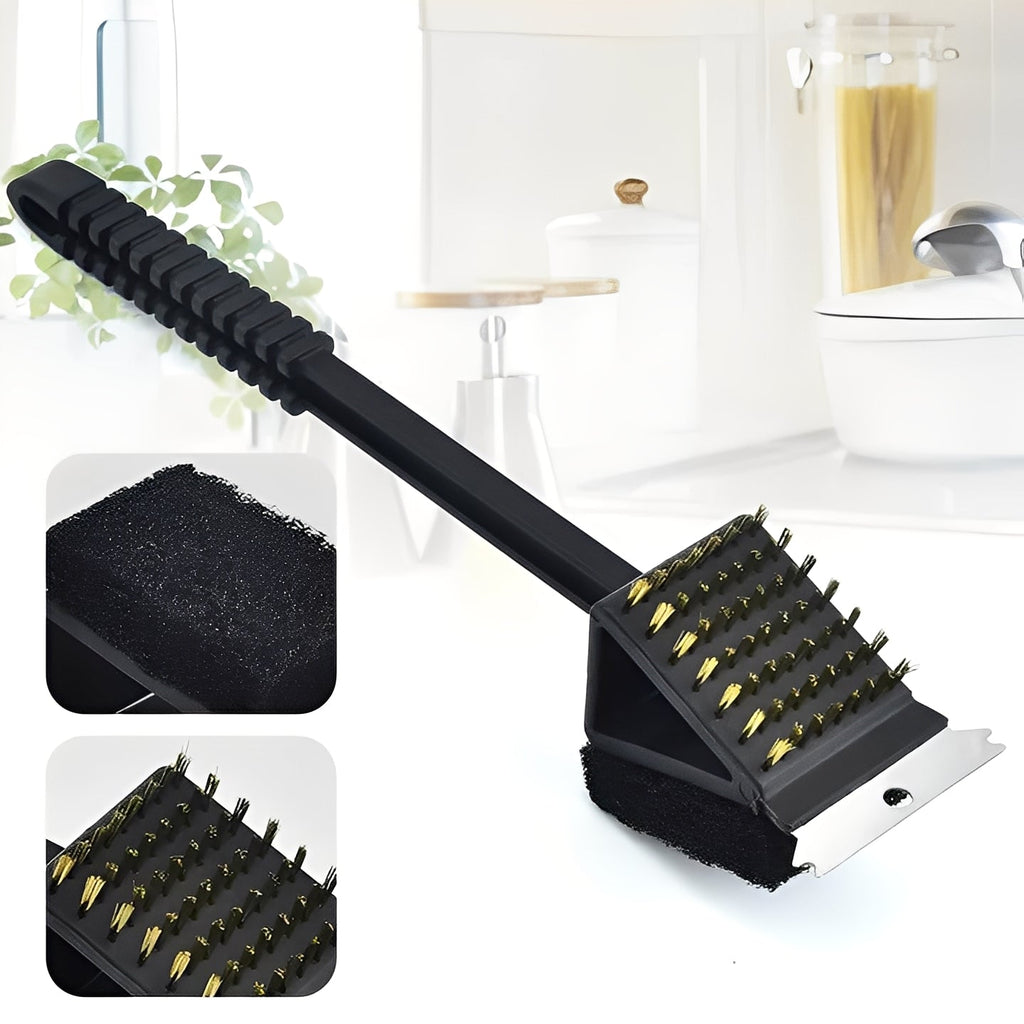 3-in-1 Grill Cleaning Brush with Durable Bristles, Heavy-Duty Scraper, and Soft Sponge - Perfect for BBQ & Grill Maintenance