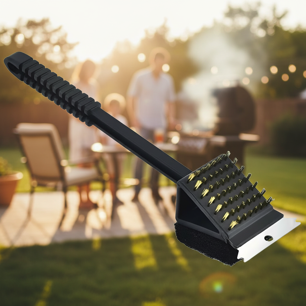 3-in-1 Grill Cleaning Brush with Durable Bristles, Heavy-Duty Scraper, and Soft Sponge - Perfect for BBQ & Grill Maintenance