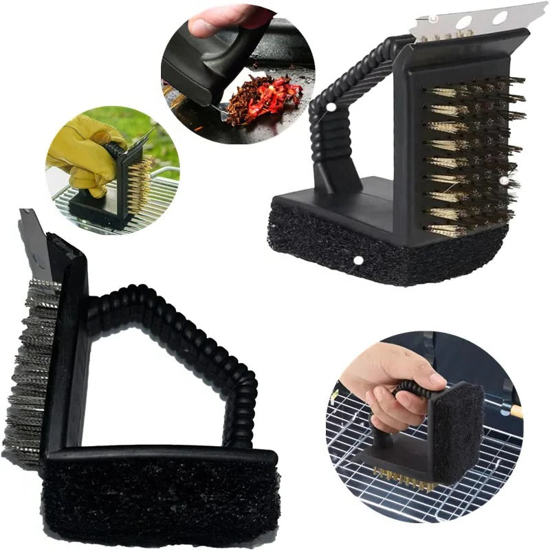 3-in-1 BBQ Grill Cleaning Brush with Sponge Pad & Scraper - Heavy-Duty Grill Cleaner for Effortless Cleaning
