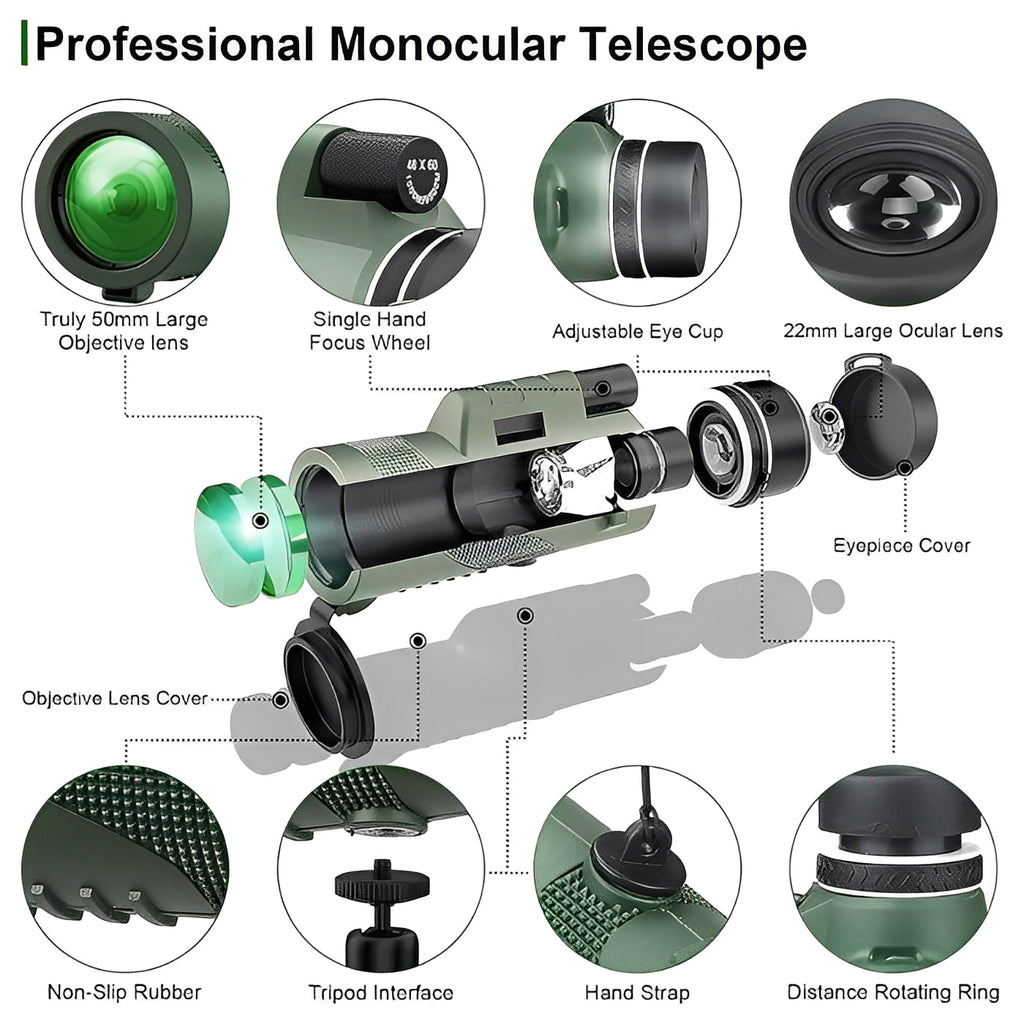 High-Power Portable Monocular Telescope with Adjustable Zoom for Clear Outdoor Viewing