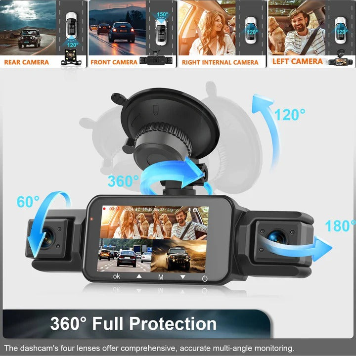 4-Channel Dash Cam with Front & Rear Cameras, WiFi Connectivity - High-Definition Video Recording & Night Vision