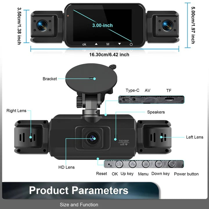 4-Channel Dash Cam with Front & Rear Cameras, WiFi Connectivity - High-Definition Video Recording & Night Vision