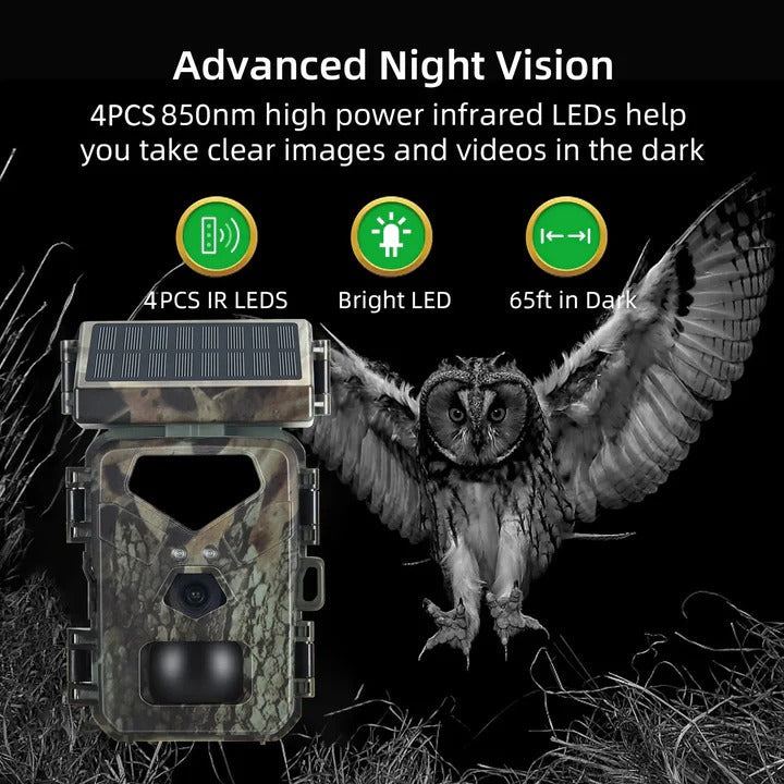 Solar-Powered Trail Camera - 20MP High-Resolution Photos & Infrared Night Vision for Wildlife Monitoring