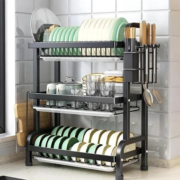 3-Tier Adjustable Kitchen Dish Drying Rack - Space-Saving Organizer with Customizable Shelves for Efficient Dish Drying