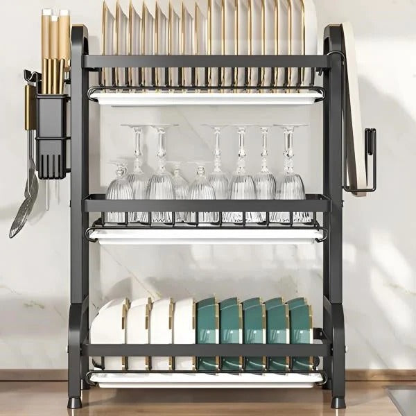 3-Tier Adjustable Kitchen Dish Drying Rack - Space-Saving Organizer with Customizable Shelves for Efficient Dish Drying