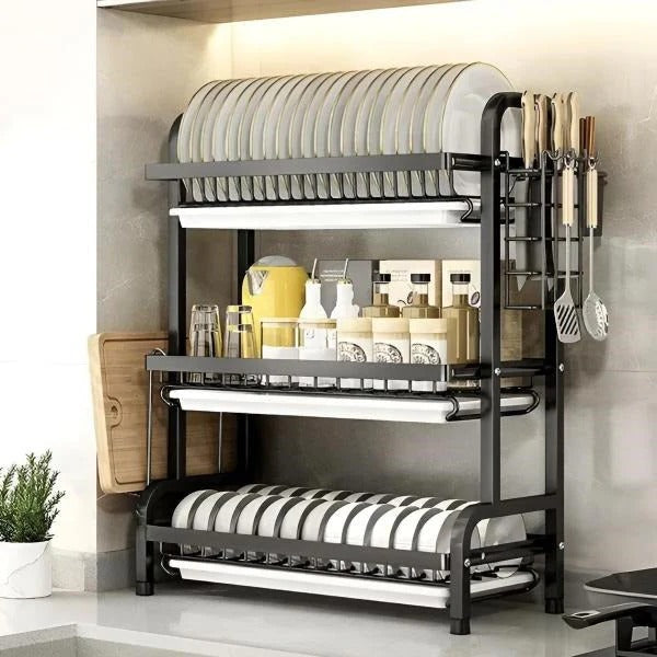 3-Tier Adjustable Kitchen Dish Drying Rack - Space-Saving Organizer with Customizable Shelves for Efficient Dish Drying