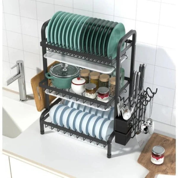 3-Tier Adjustable Kitchen Dish Drying Rack - Space-Saving Organizer with Customizable Shelves for Efficient Dish Drying