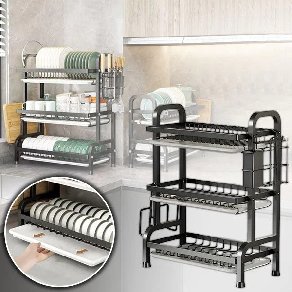 3-Tier Adjustable Kitchen Dish Drying Rack - Space-Saving Organizer with Customizable Shelves for Efficient Dish Drying