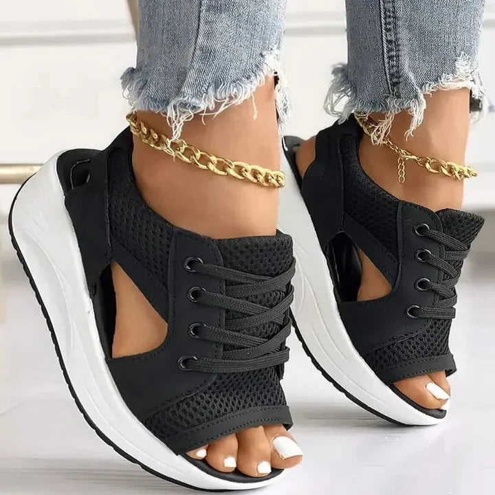 Women's Stylish Lace-Up Flat Sandals with Contrast Panels & Cutout Design - Trendy Summer Footwear