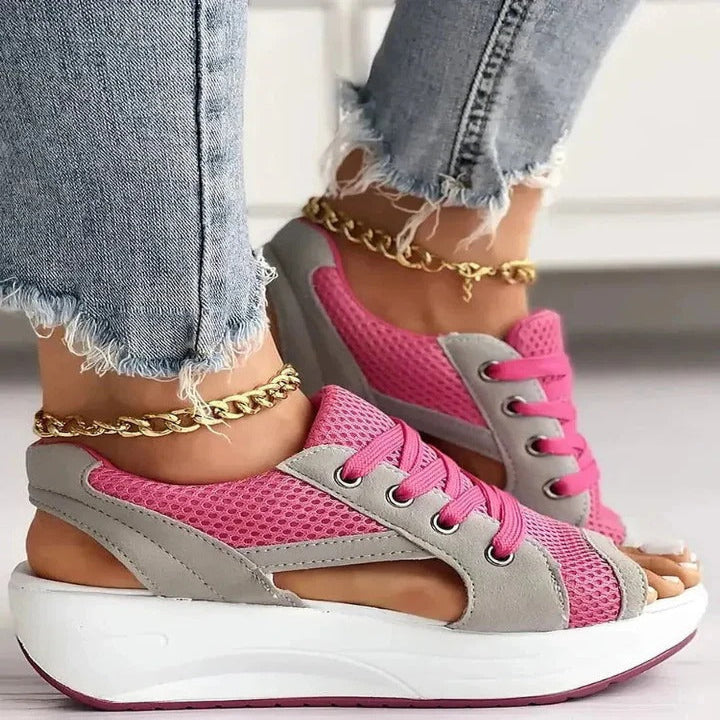 Women's Stylish Lace-Up Flat Sandals with Contrast Panels & Cutout Design - Trendy Summer Footwear