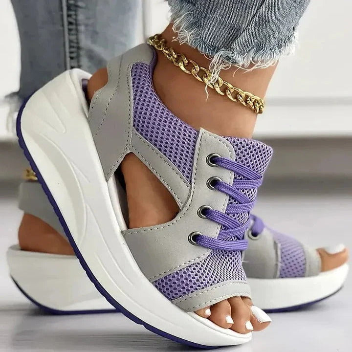 Women's Stylish Lace-Up Flat Sandals with Contrast Panels & Cutout Design - Trendy Summer Footwear