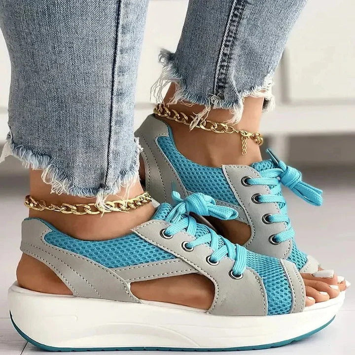 Women's Stylish Lace-Up Flat Sandals with Contrast Panels & Cutout Design - Trendy Summer Footwear