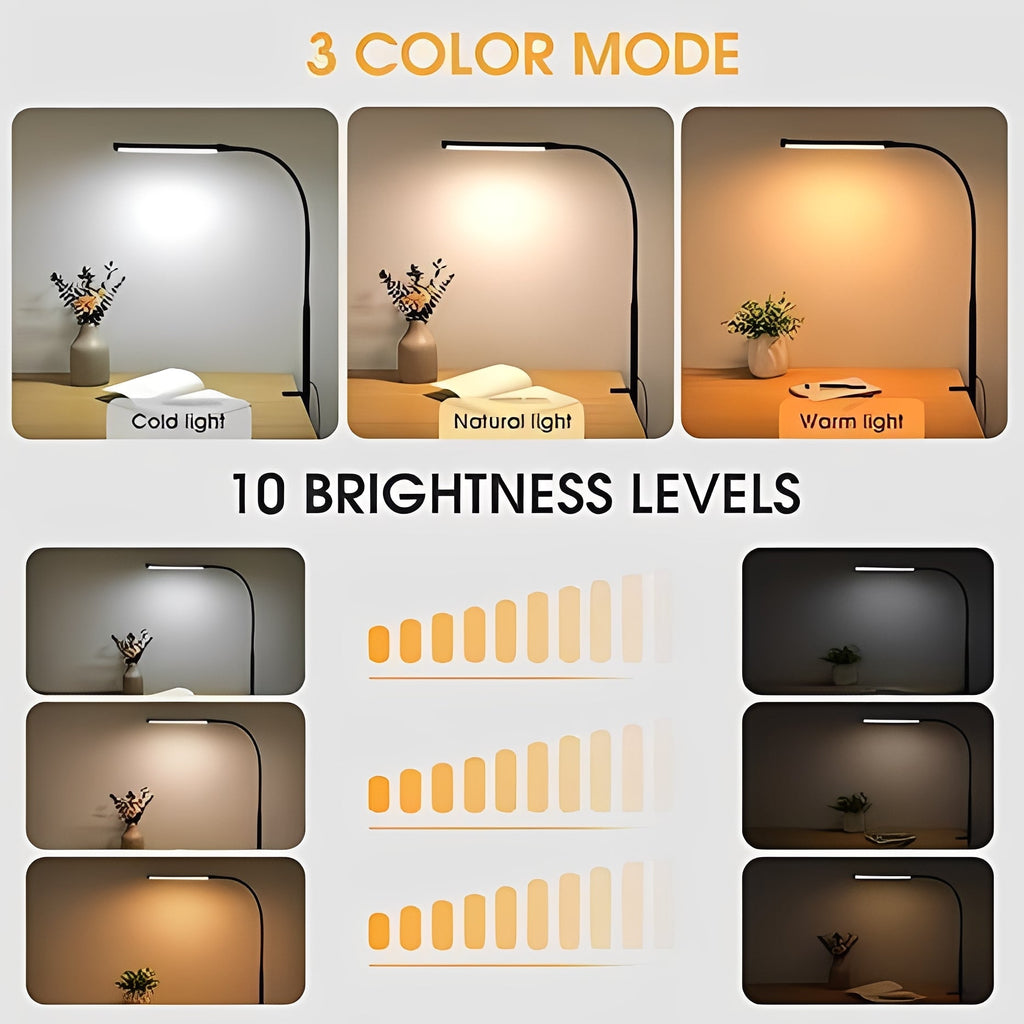Adjustable LED Desk Lamp with Gooseneck Clamp - 3 Brightness Levels for Home Office & Study