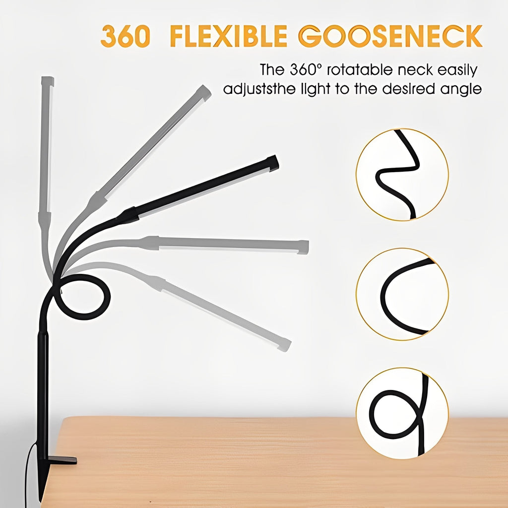 Adjustable LED Desk Lamp with Gooseneck Clamp - 3 Brightness Levels for Home Office & Study