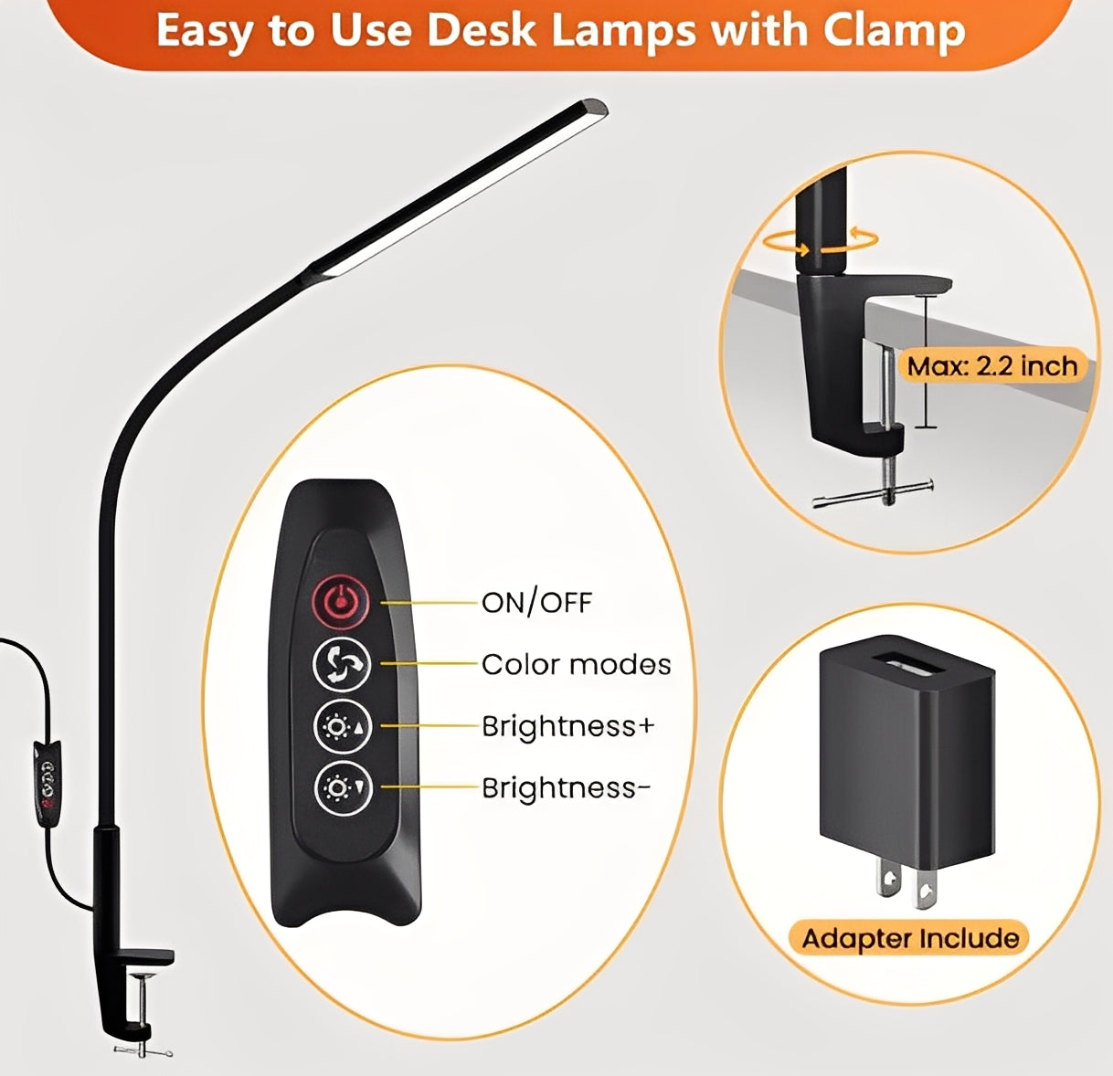 Adjustable LED Desk Lamp with Gooseneck Clamp - 3 Brightness Levels for Home Office & Study