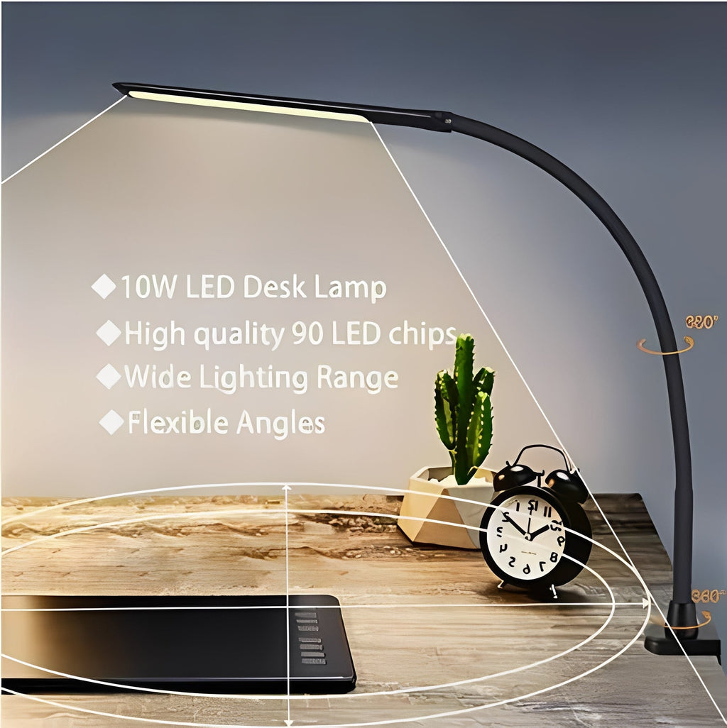 Adjustable LED Desk Lamp with Gooseneck Clamp - 3 Brightness Levels for Home Office & Study