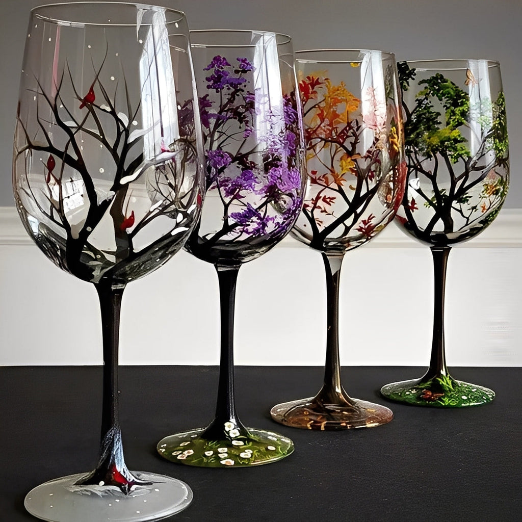 Hand-Painted Four Seasons Tree Wine Glass – Elegant Seasonal Design for Wine Lovers