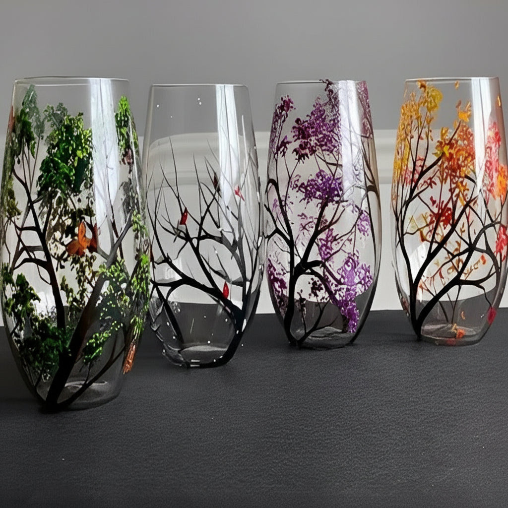Hand-Painted Four Seasons Tree Wine Glass – Elegant Seasonal Design for Wine Lovers
