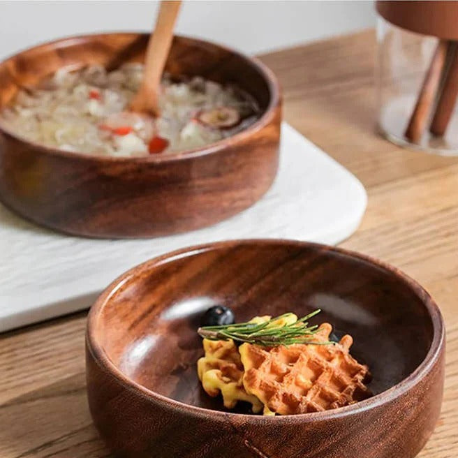 Set of 2 Premium Walnut Wood Round Serving Bowls - Elegant, Durable, and Eco-Friendly Tableware