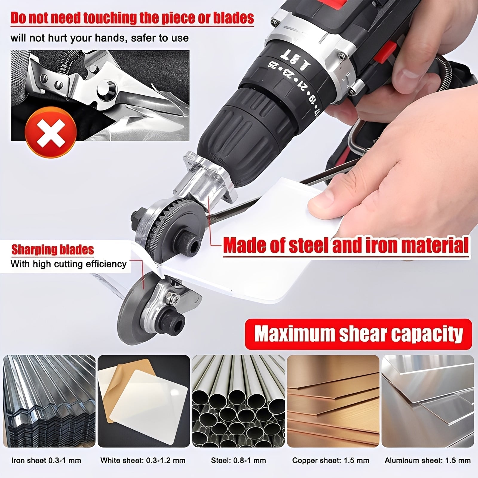 Drill-Powered Metal Shear Cutter Attachment for Effortless Sheet Material Cutting - Compatible with Most Drills