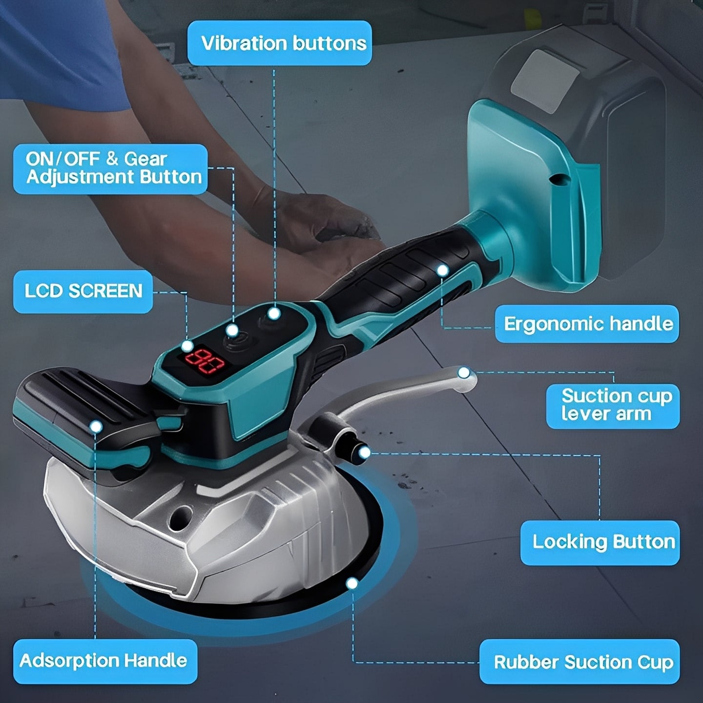 Rechargeable Vibration Tile Suction Cup Tool with LCD Display - Effortless Tile Lifting & Installation