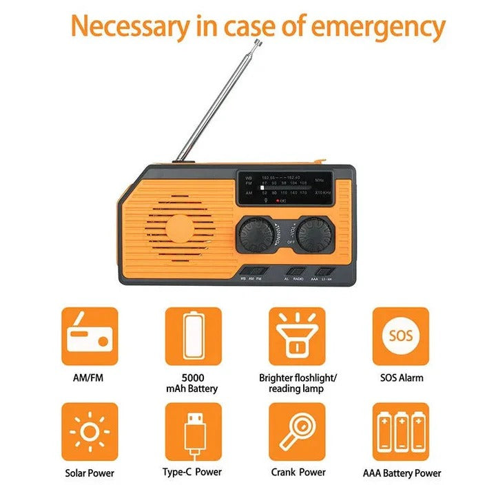 Solar & Hand Crank Emergency Radio with 5000mAh Power Bank - Portable Weather Radio with USB Charging & LED Flashlight