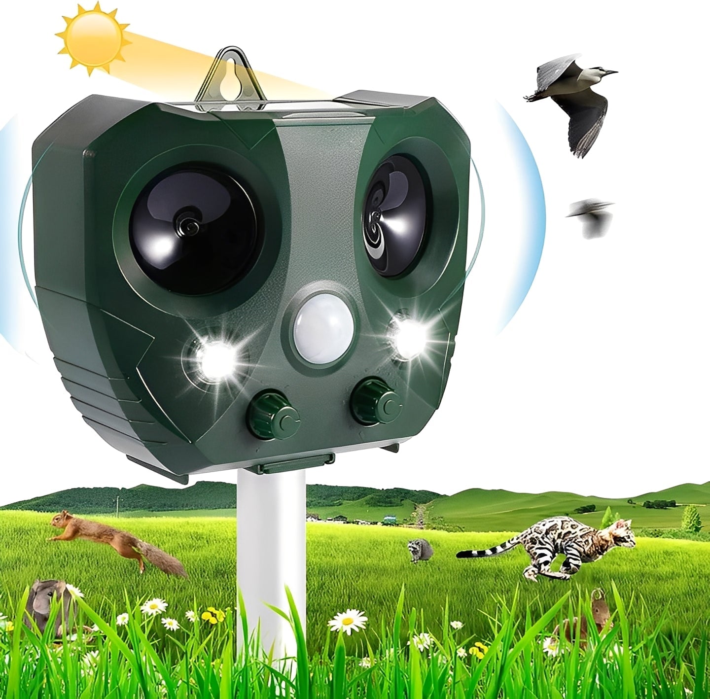 Ultrasonic Motion Sensor Bird and Pest Deterrent Device - Effective Animal Repellent for Gardens and Yards