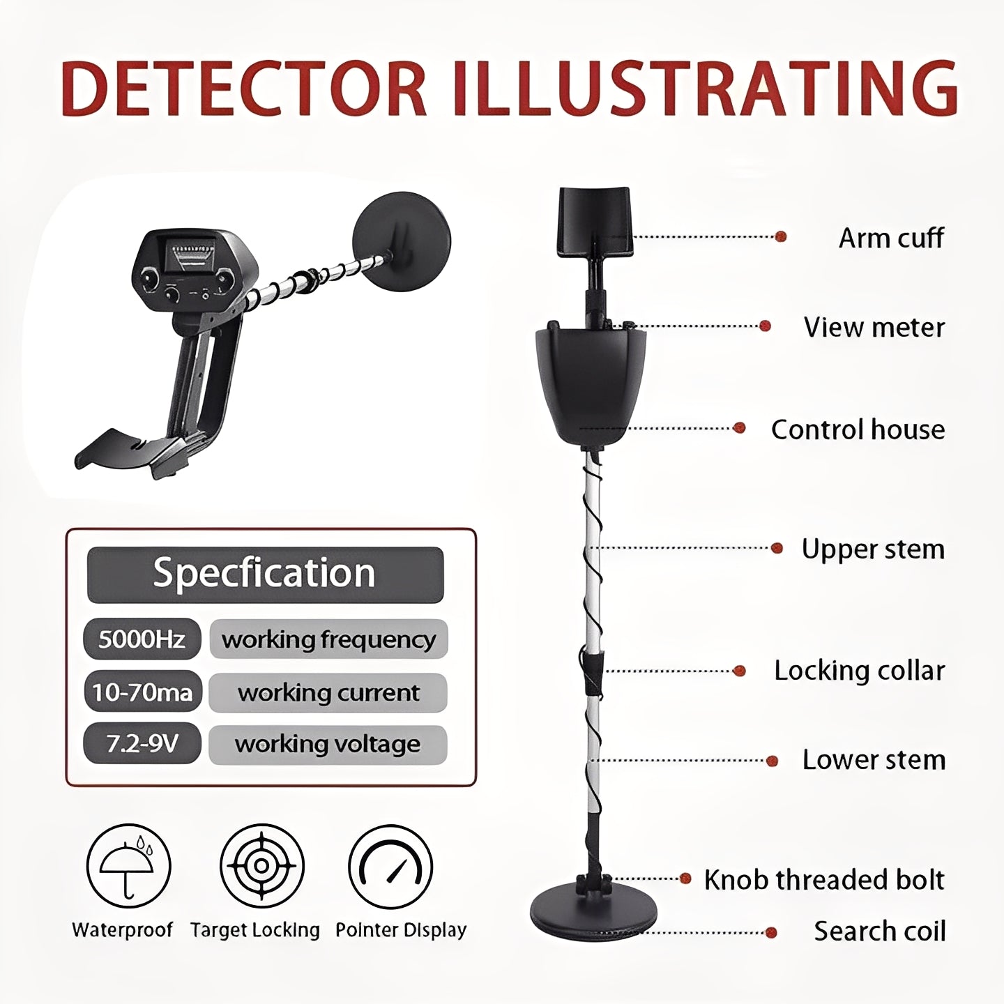 High-Precision Metal Detector with LCD Display, Adjustable Stem & Target Pointer Meter - Perfect for Treasure Hunting