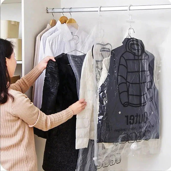 Set of 4 Hanging Vacuum Storage Bags for Closet Organization - Space-Saving, Durable & Reusable
