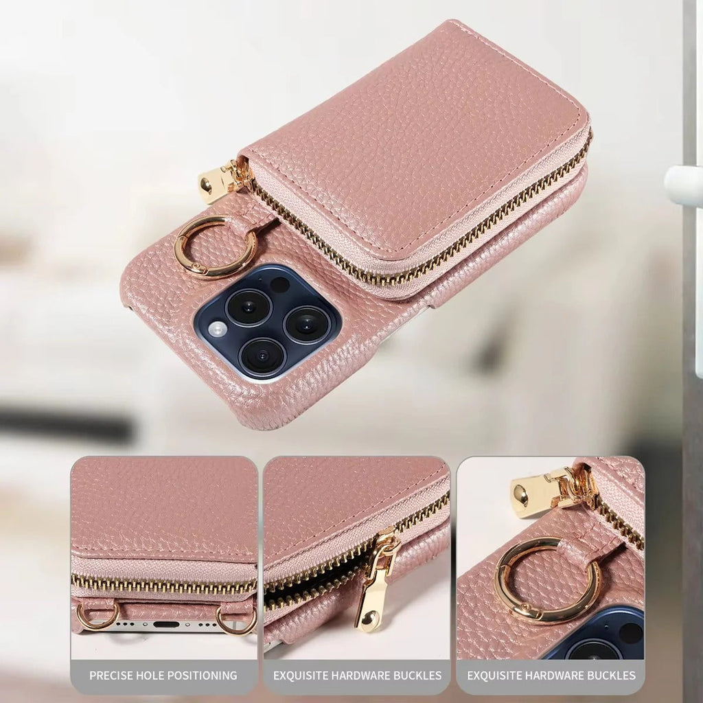 Premium Leather Wallet Case for iPhone - Stylish Card Slots & Secure Zipper Closure