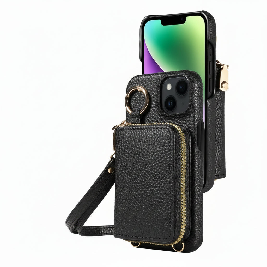 Premium Leather Wallet Case for iPhone - Stylish Card Slots & Secure Zipper Closure