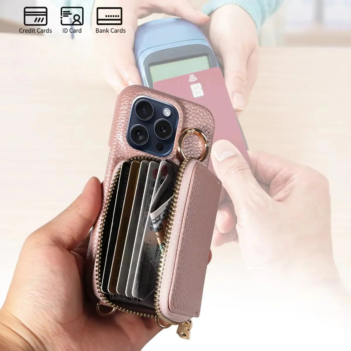 Premium Leather Wallet Case for iPhone - Stylish Card Slots & Secure Zipper Closure