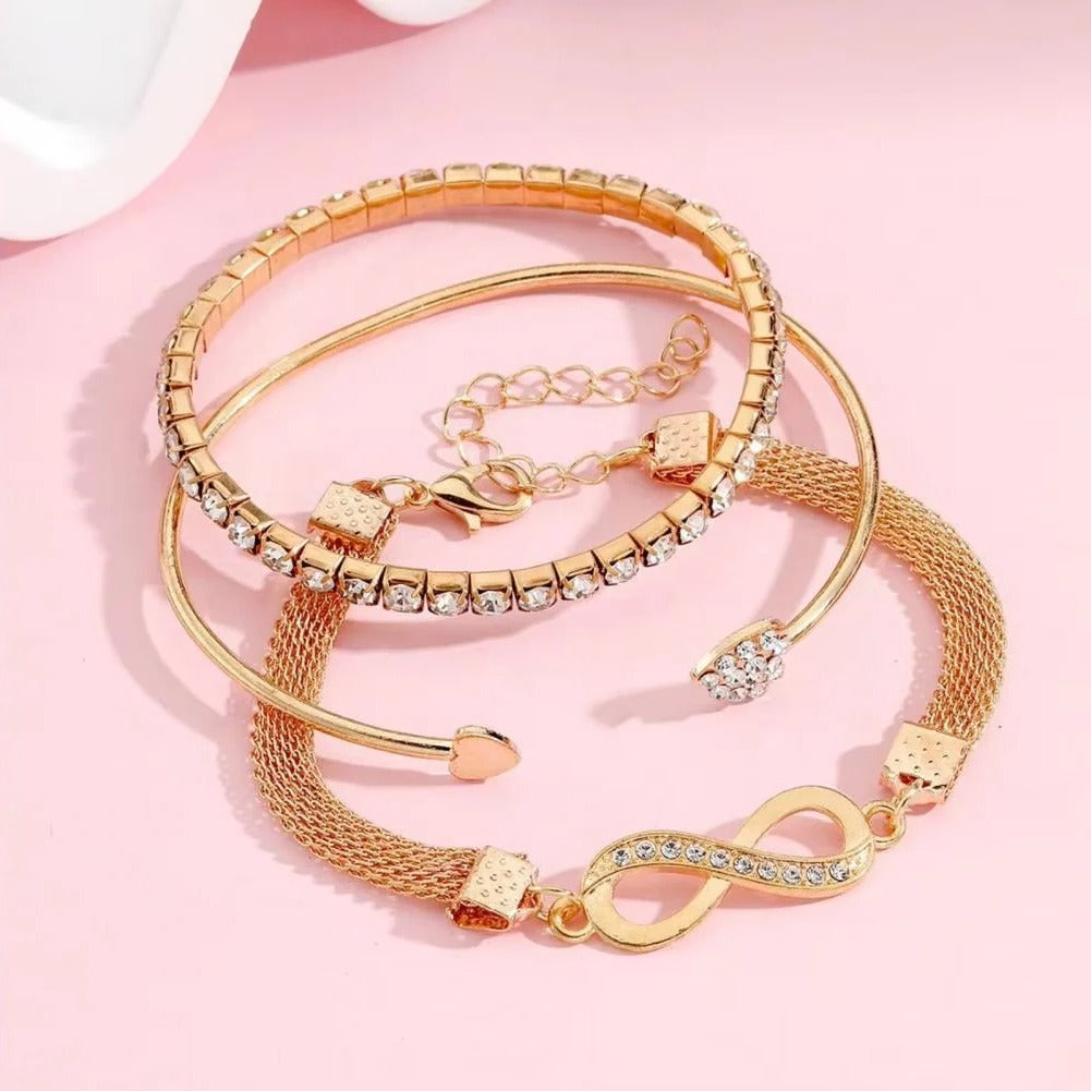 Elegant Rhinestone Bracelet Set for Women - 3-Piece Heart & Infinity Charm Collection
