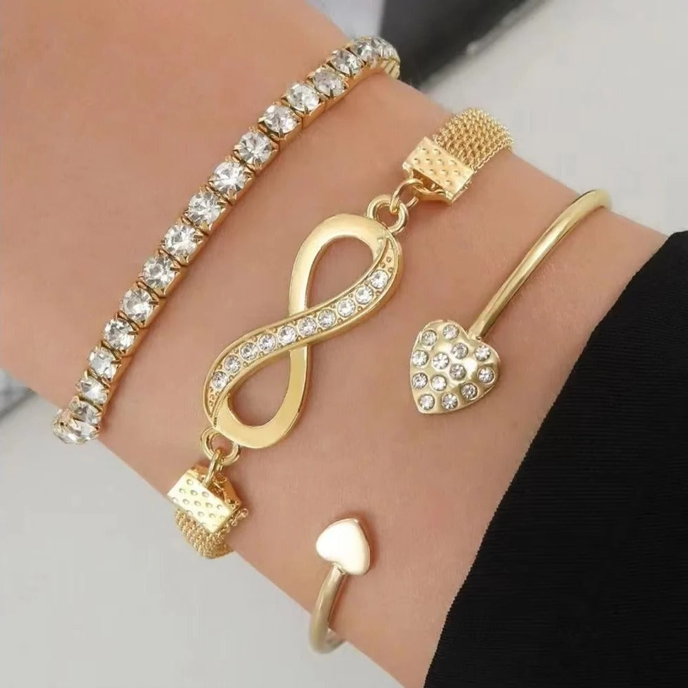 Elegant Rhinestone Bracelet Set for Women - 3-Piece Heart & Infinity Charm Collection