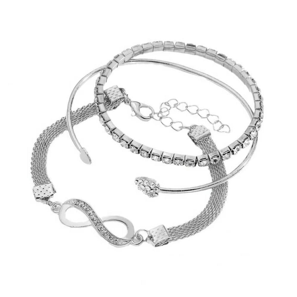 Elegant Rhinestone Bracelet Set for Women - 3-Piece Heart & Infinity Charm Collection