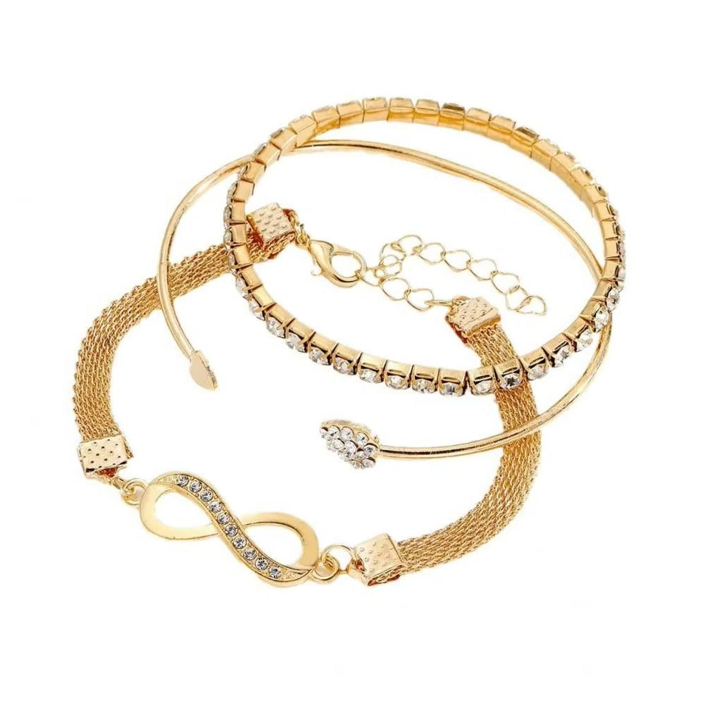 Elegant Rhinestone Bracelet Set for Women - 3-Piece Heart & Infinity Charm Collection