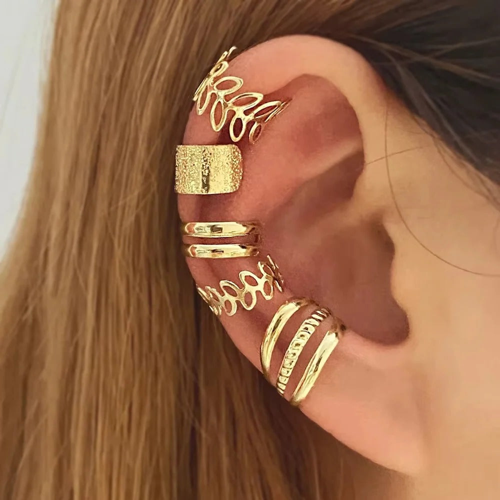 Gold Leaf Design Clip-On Ear Cuff Set for Women - Stylish Non-Pierced Earrings