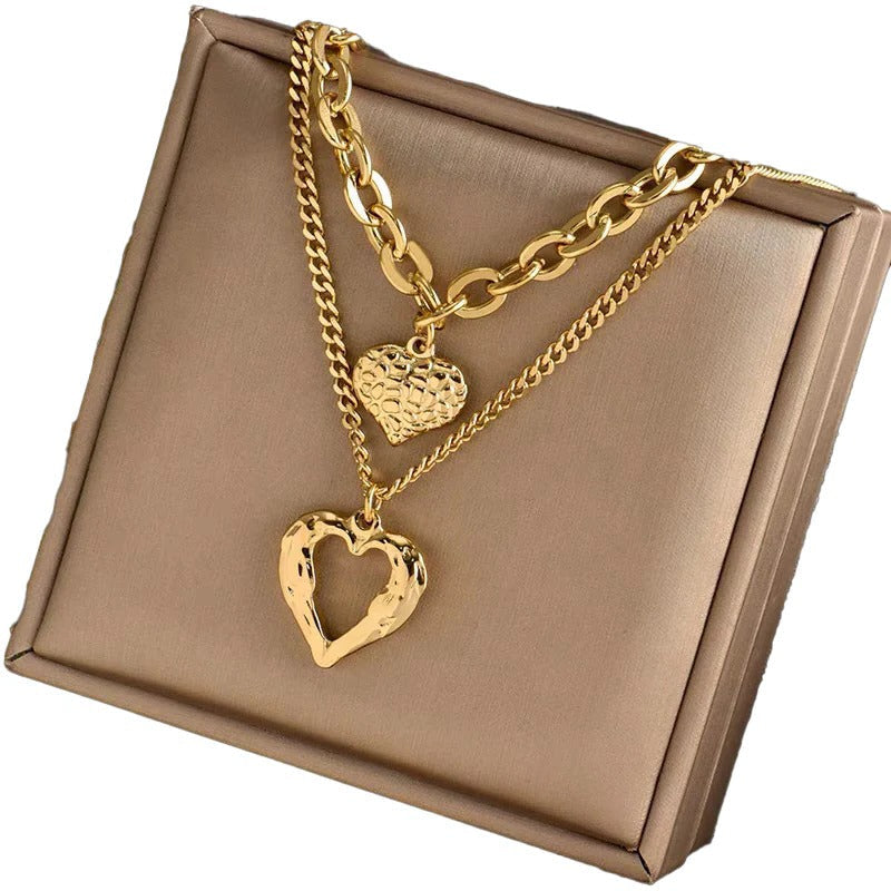 Women's Double Layer Heart Charm Choker Necklace with Cuban Link Chain - Stylish Jewelry for Any Occasion